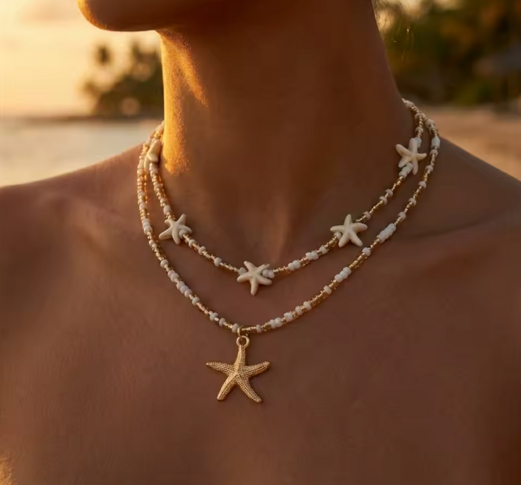 Dainty Shell & Starfish Rice Beads Pendant Necklace