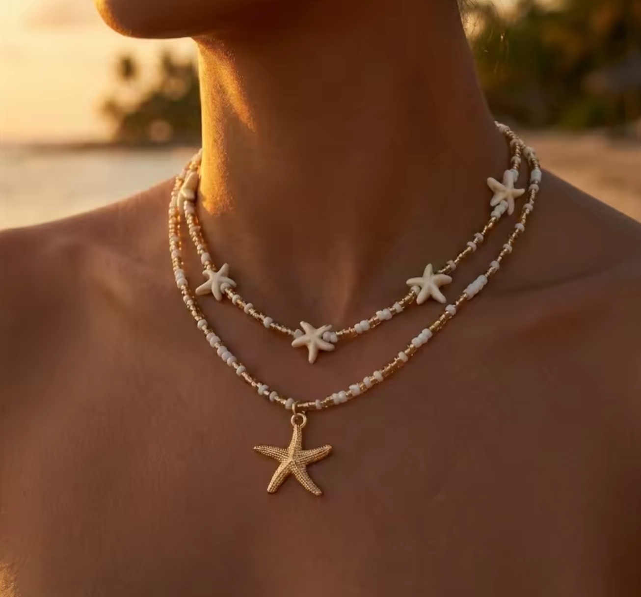 Dainty Shell & Starfish Rice Beads Pendant Necklace
