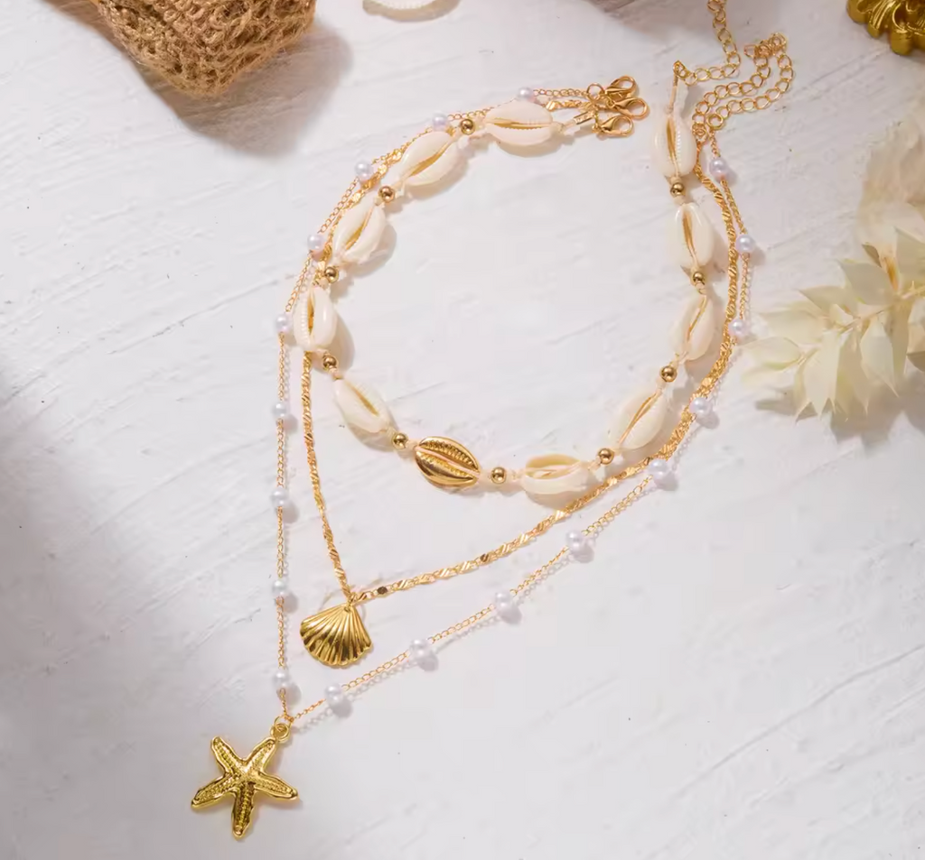 Dainty Shell & Starfish Rice Beads Pendant Necklace
