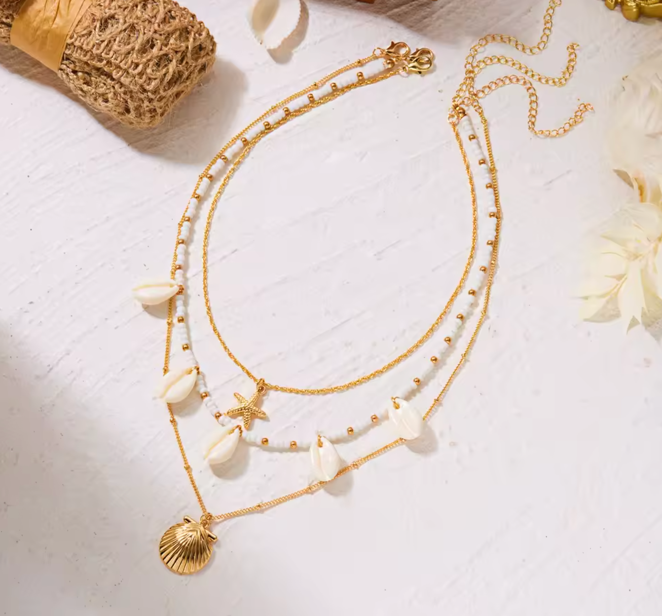 Dainty Shell & Starfish Rice Beads Pendant Necklace