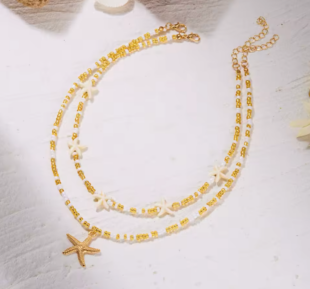 Dainty Shell & Starfish Rice Beads Pendant Necklace