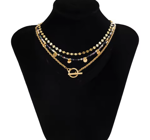 Bohemian Multilayer Handmade Beaded Necklace with Tassels & Gold Sheet Pendant