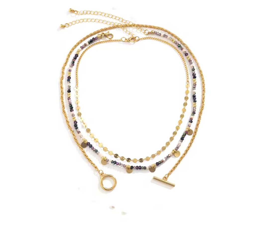 Bohemian Multilayer Handmade Beaded Necklace with Tassels & Gold Sheet Pendant