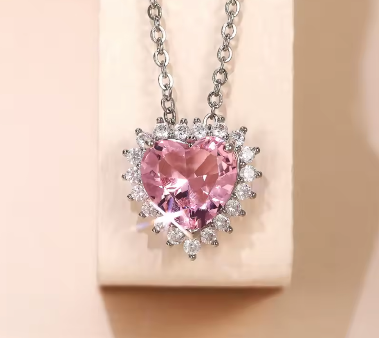 Romantic Princess Pink Heart CZ Pendant Necklace