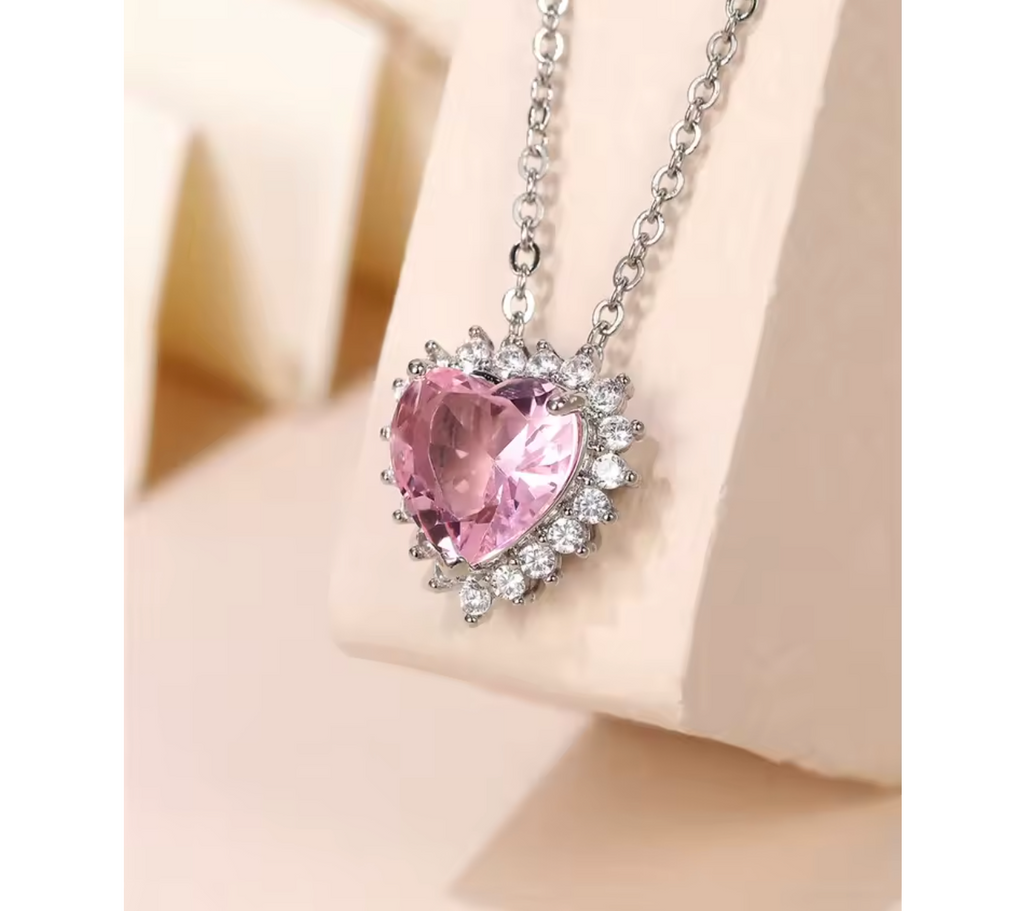 Romantic Princess Pink Heart CZ Pendant Necklace