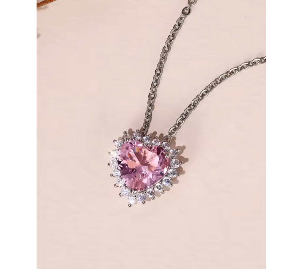 Romantic Princess Pink Heart CZ Pendant Necklace