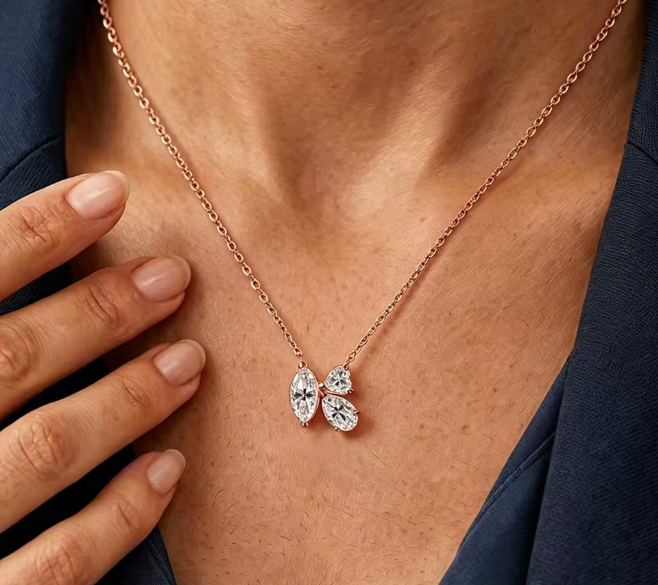 3-Stone Marquise, Pear & Heart Moissanite Diamond Pendant Necklace