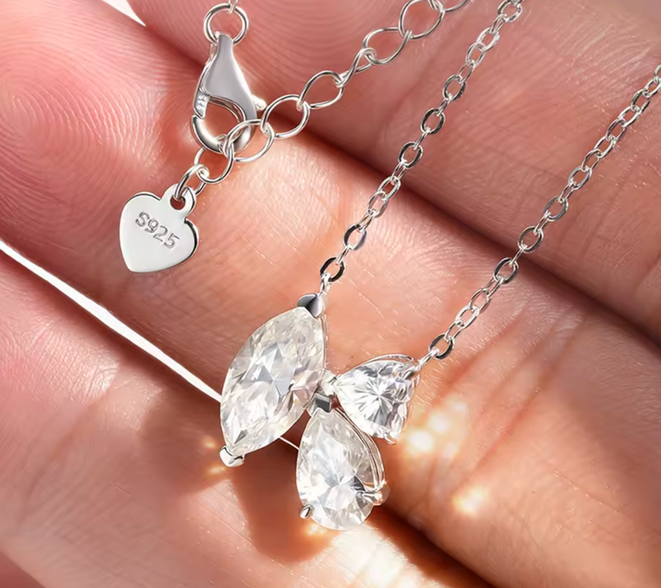 3-Stone Marquise, Pear & Heart Moissanite Diamond Pendant Necklace